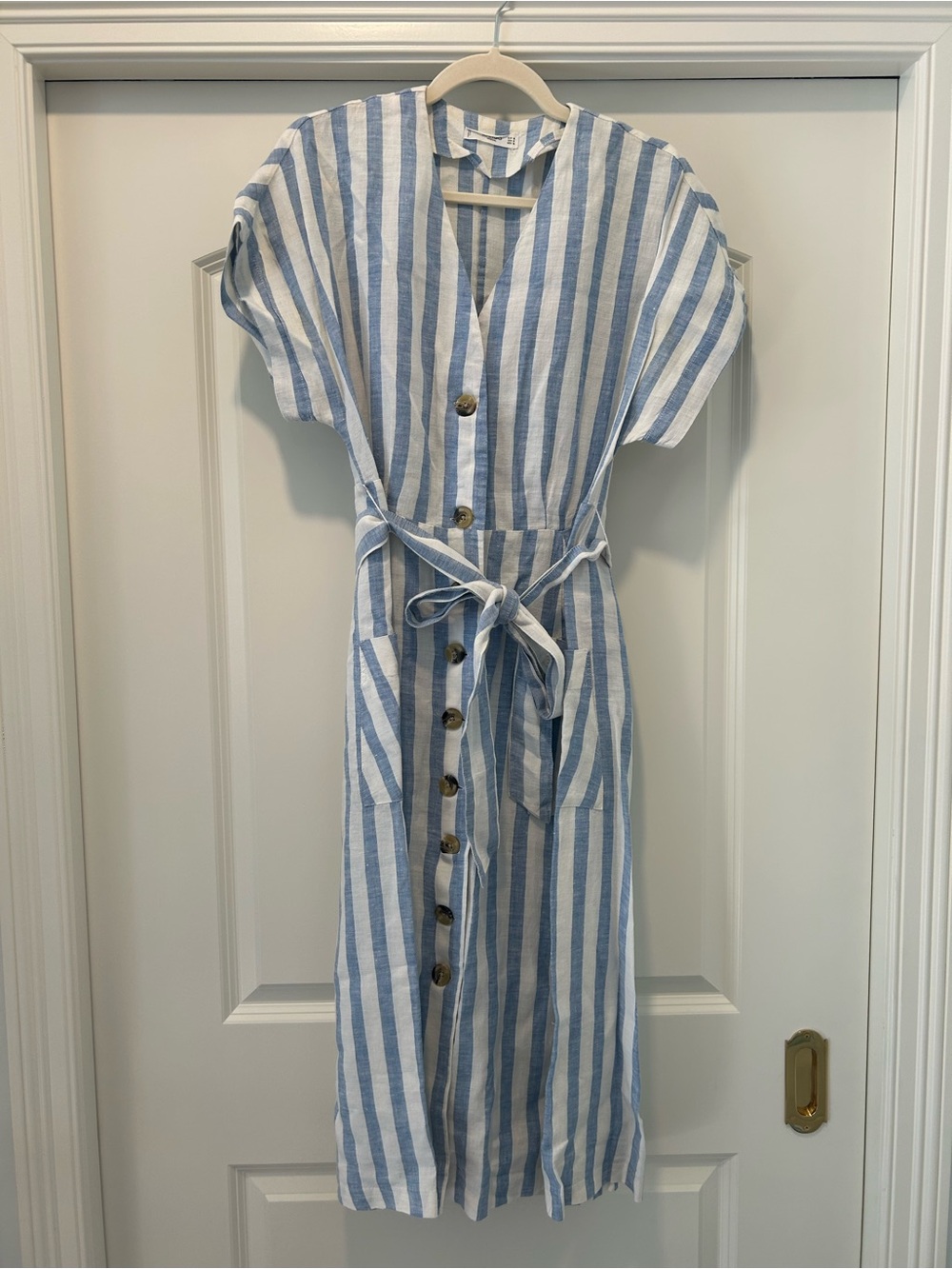 Striped Blue and White Button-Front Midi Dress with Tie Waist